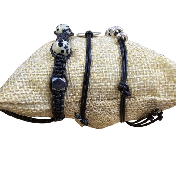 Genuine Leather + Stainless Steel + Dalamatian Jasper Boho Bracelet Set of 3 - Picture 3 of 5